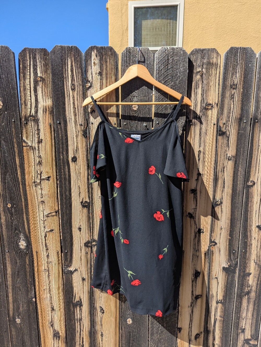 Black Floral Slip Dress with Red Rose Print